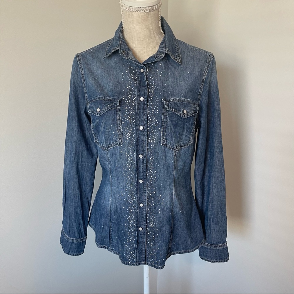 This & That Denim Long Sleeve Blouse with Rhinestones